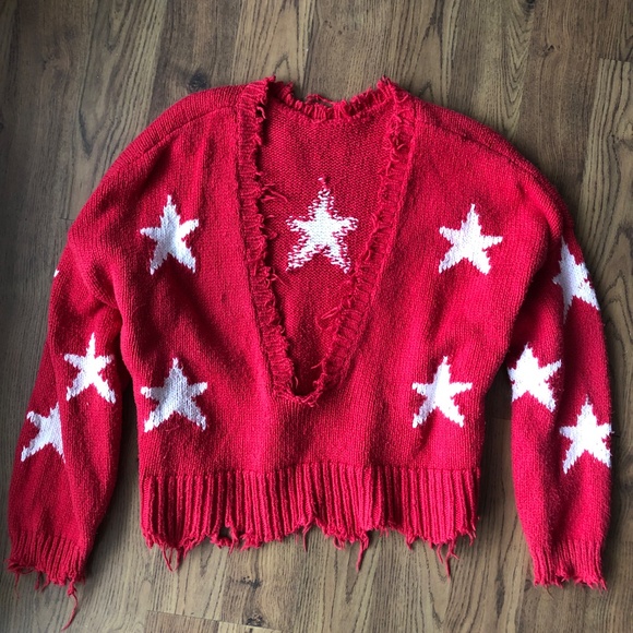 WILDFOX Couture Stars Palmetto Sweater Scarlet Red Oversize Distressed Women's M - Picture 4 of 4